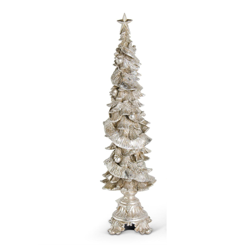 Glittered resin champagne Christmas tree with a star topper and ornate pedestal base.