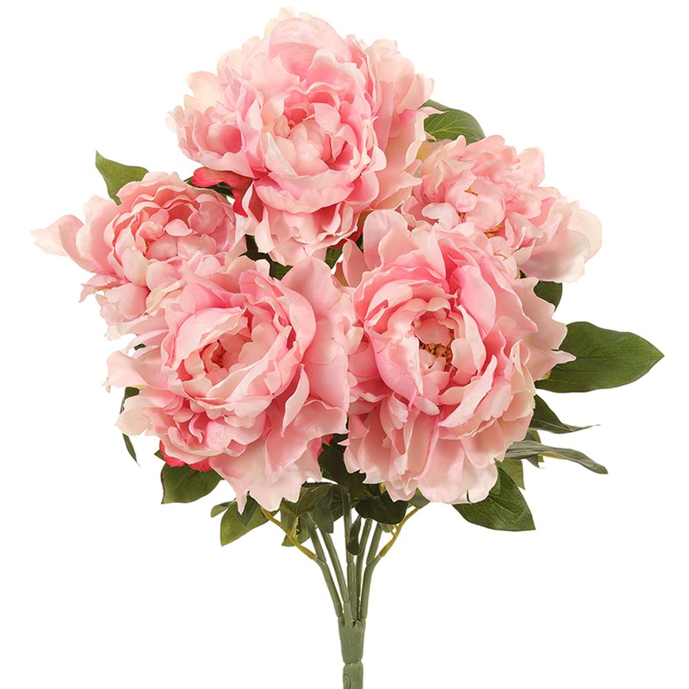 Five pink peony bush artificial flowers made with polyester plastic foam wire in a full rounded silhouette.
