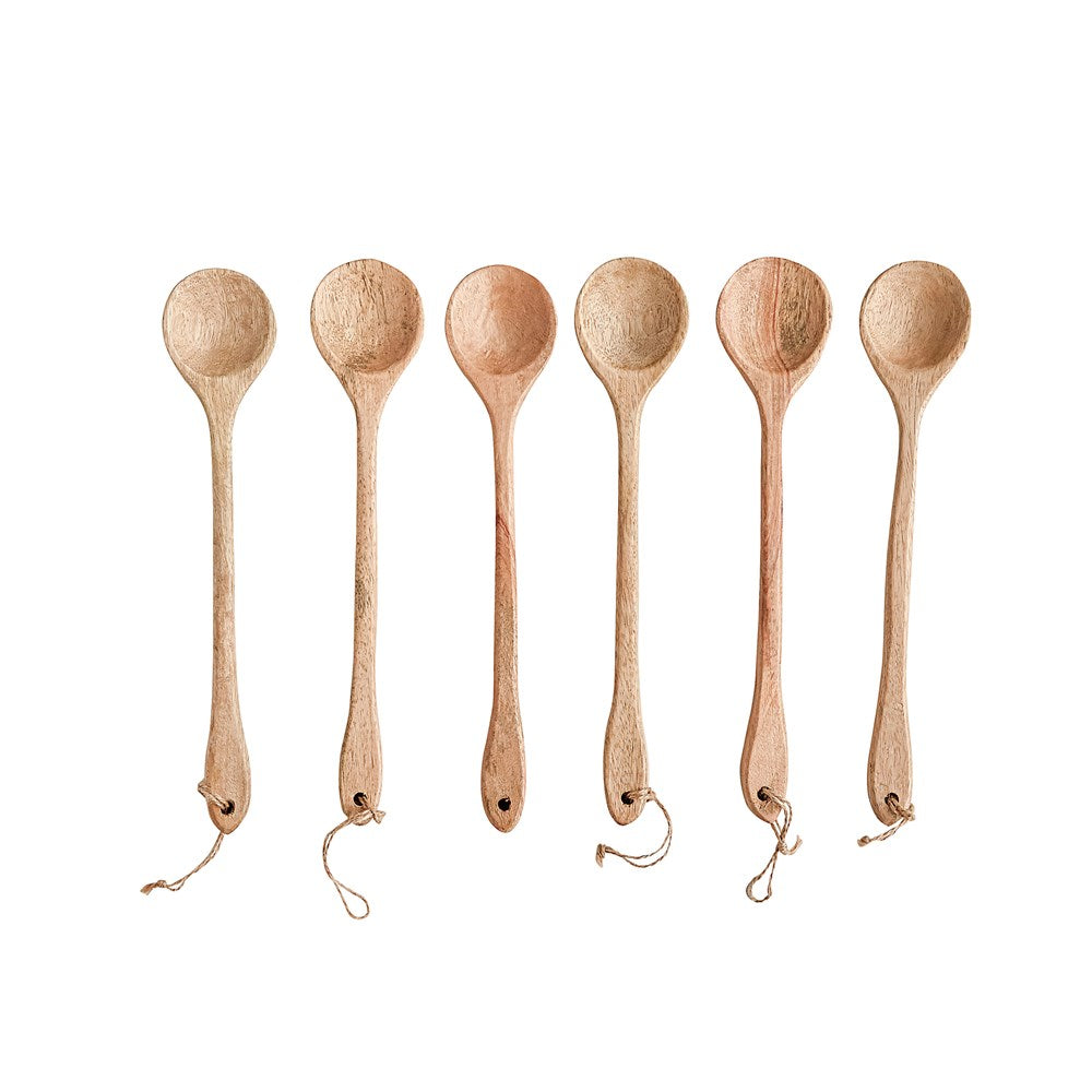 Six 10-inch hand-carved mango wood spoons with round bowls and hanging loops on a white background.