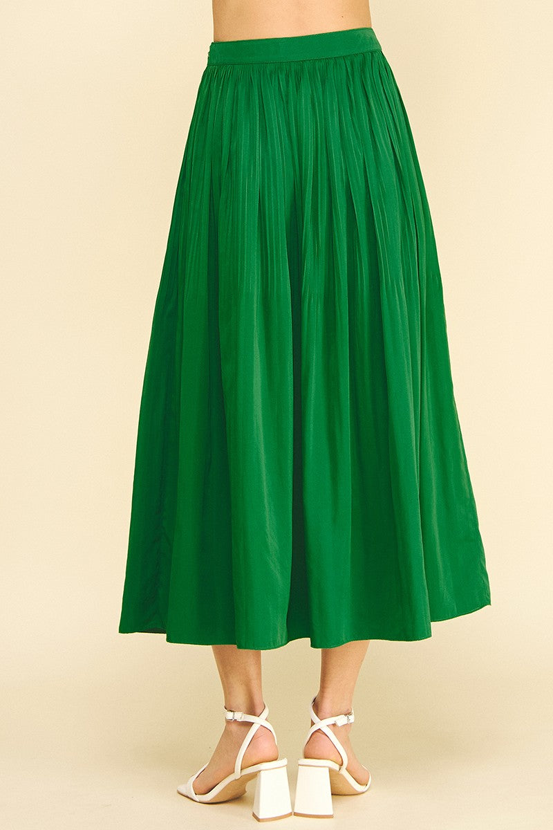Blue polyester pleated A-line midi skirt with a fitted waist.