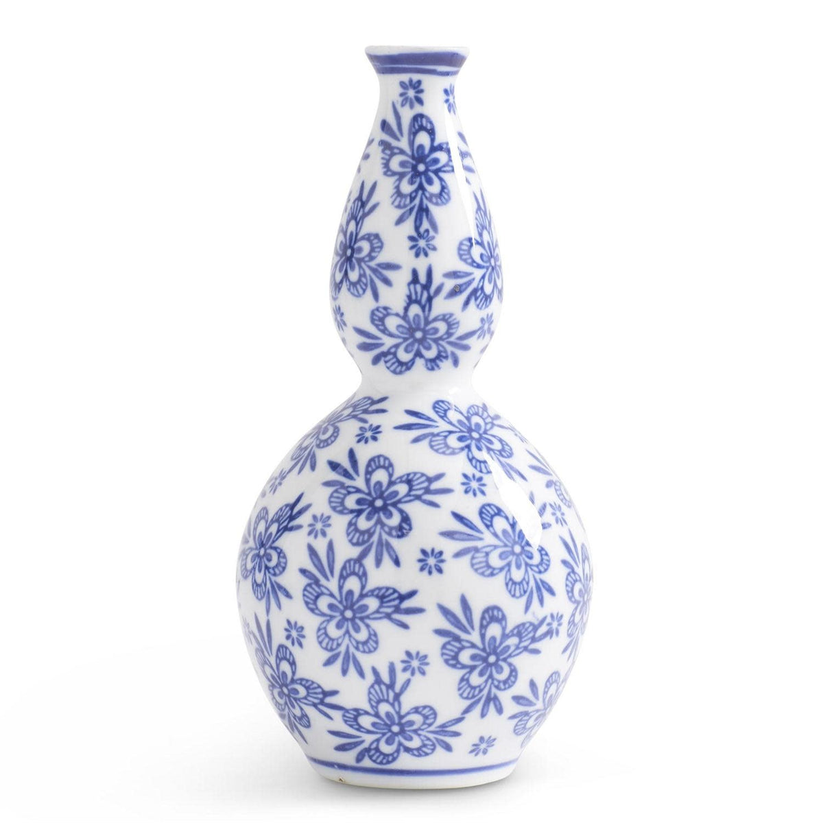 Blue and white porcelain bud vase with a classic cylindrical shape.