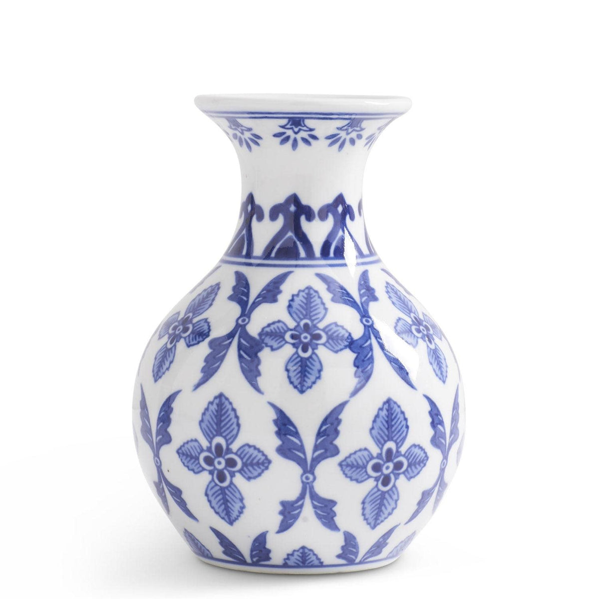 Blue and white porcelain bud vase with a classic cylindrical shape.