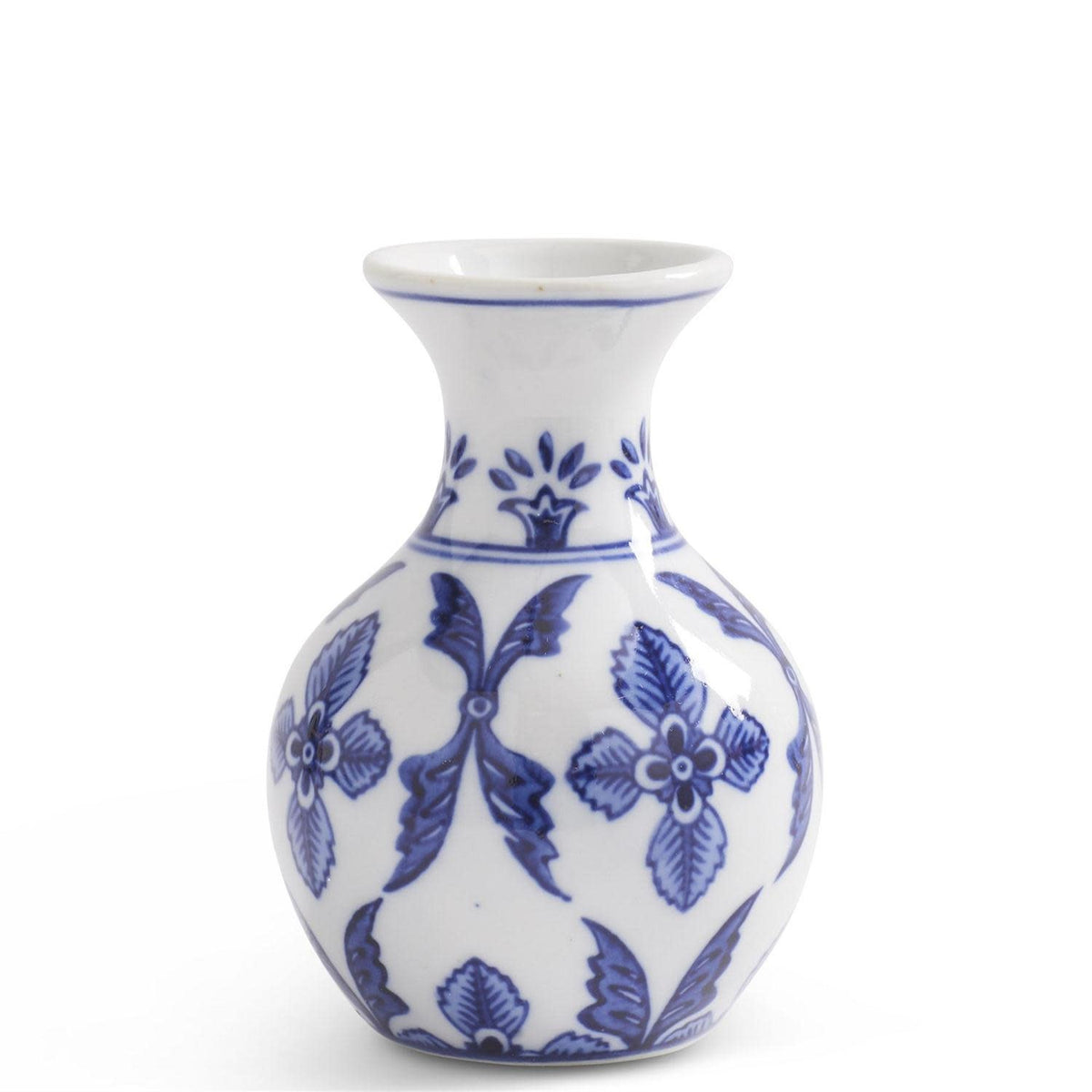 Blue and white porcelain bud vase with a classic cylindrical shape.
