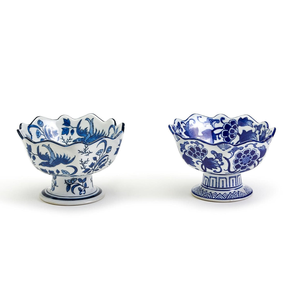 Hand-painted blue porcelain footed bowl with scalloped edges featuring a white lotus flower design.