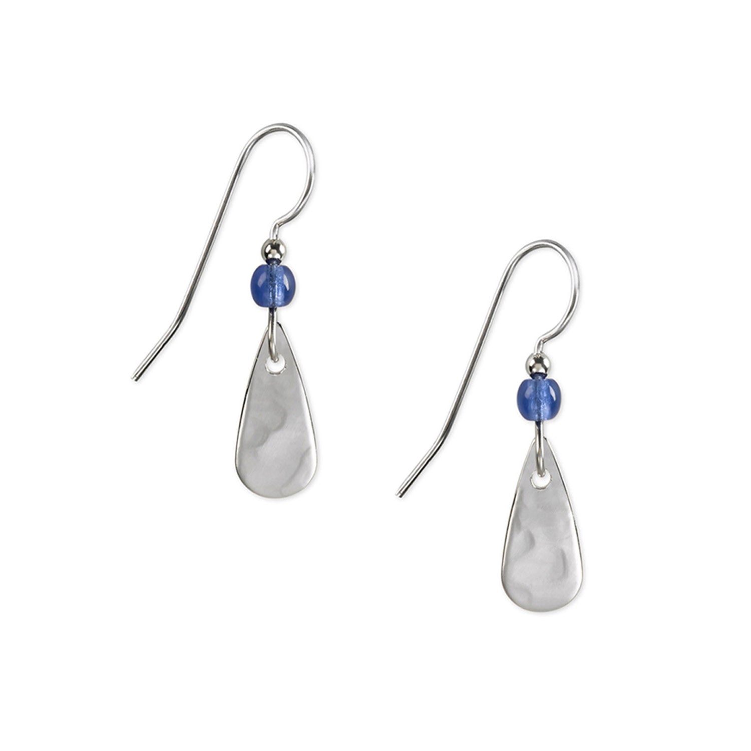 Silver-tone teardrop earring with a blue glass bead accent on surgical steel hook