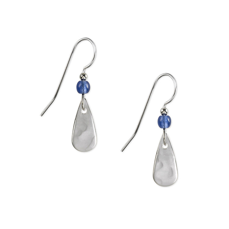 Silver-tone teardrop earring with a blue glass bead accent on surgical steel hook