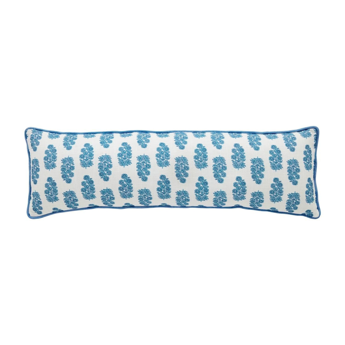 Blue block print cotton long pillow with contrast piped edge