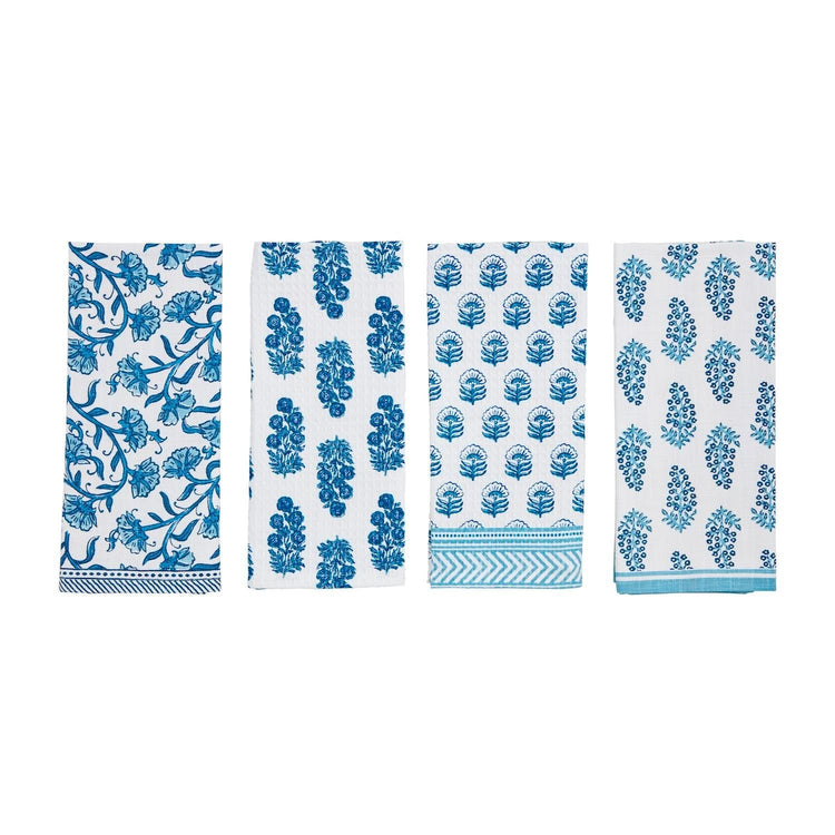 Blue cotton hand towel with block print contrast edge