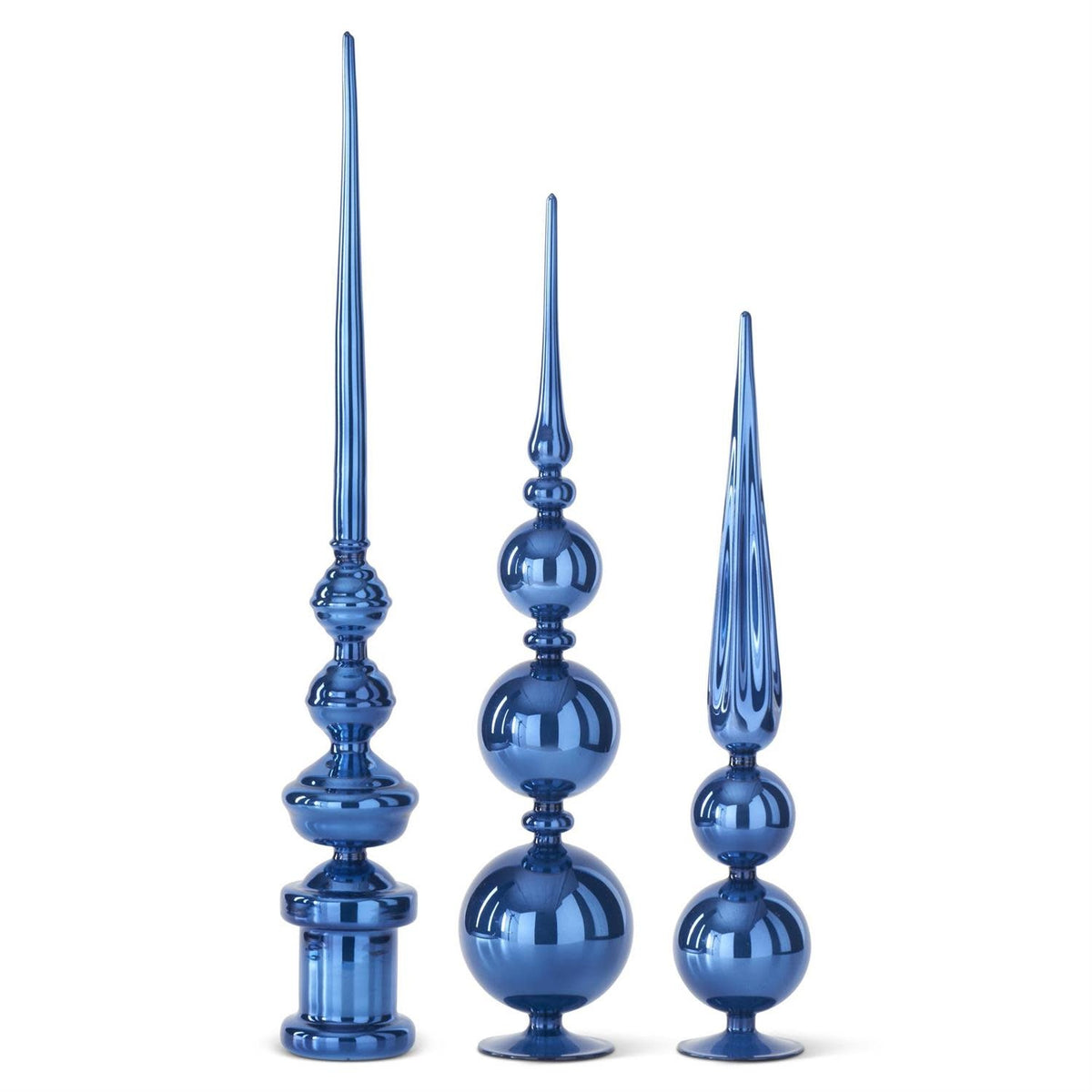 Blue glass finial with classic elongated shape used as a tree topper
