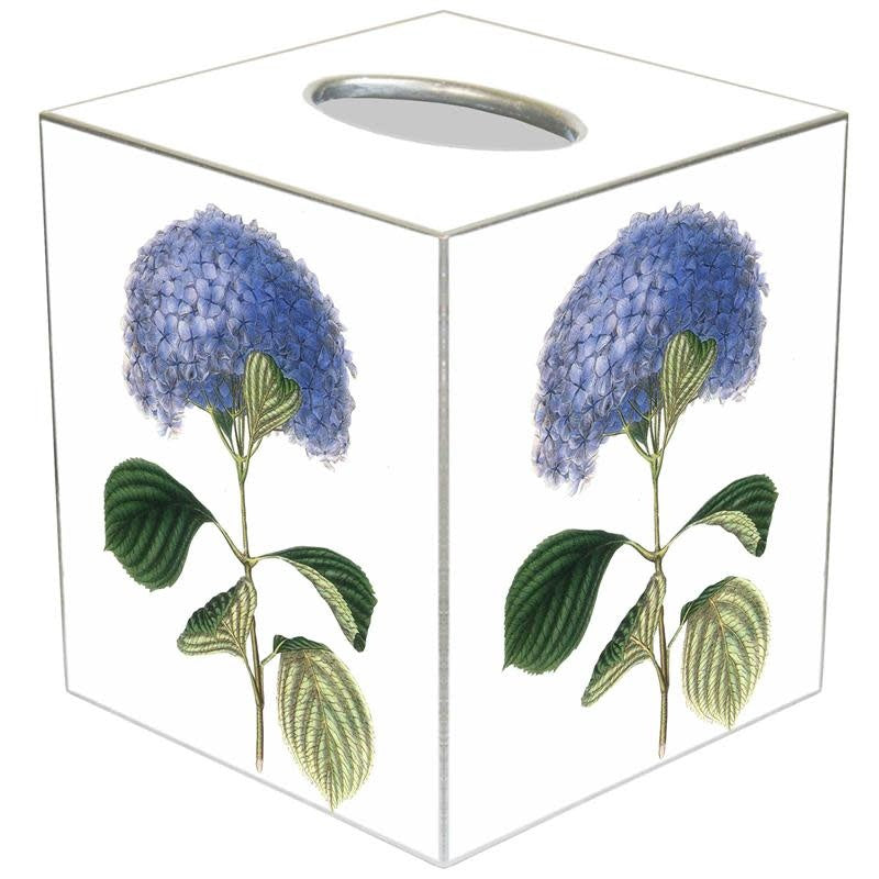 Blue hydrangea tissue box cover made of paper mache with gold-painted edges.