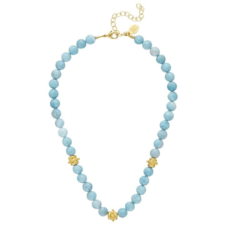 Hand-strung blue jasper beads with gold Bentley accent beads on a triple-plated gold chain necklace.