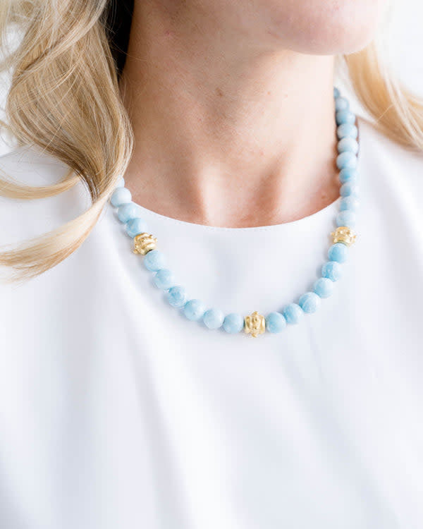 Blue jasper stone necklace with handcast gold Bentley beads on an 18-inch triple-plated chain.