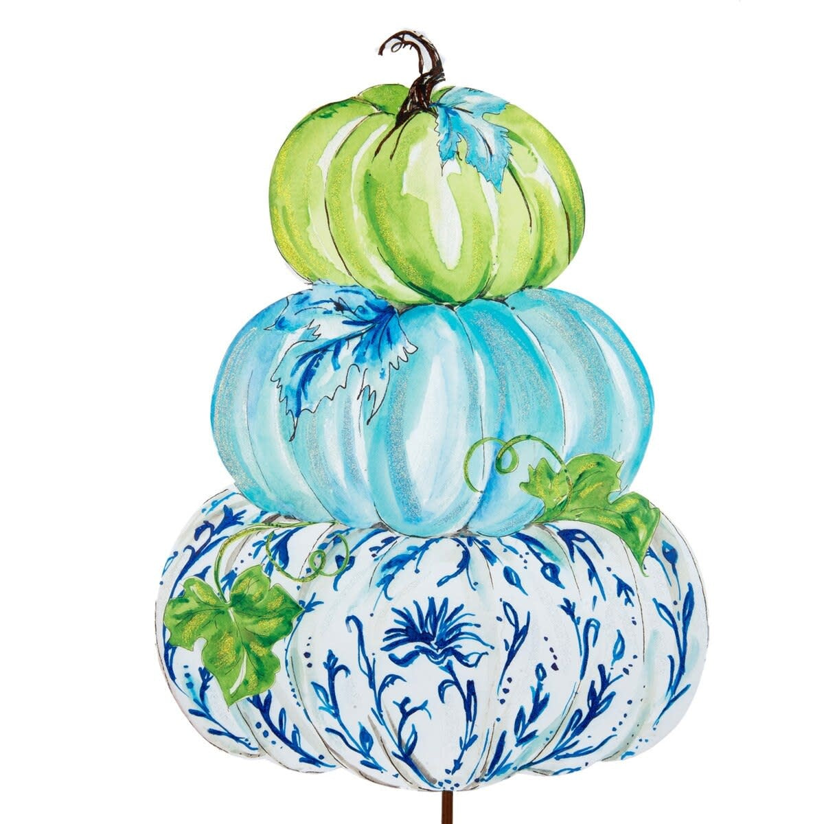 Blue pumpkin stack decor piece with matte finish designed to stake, hang, or stand as an easel.