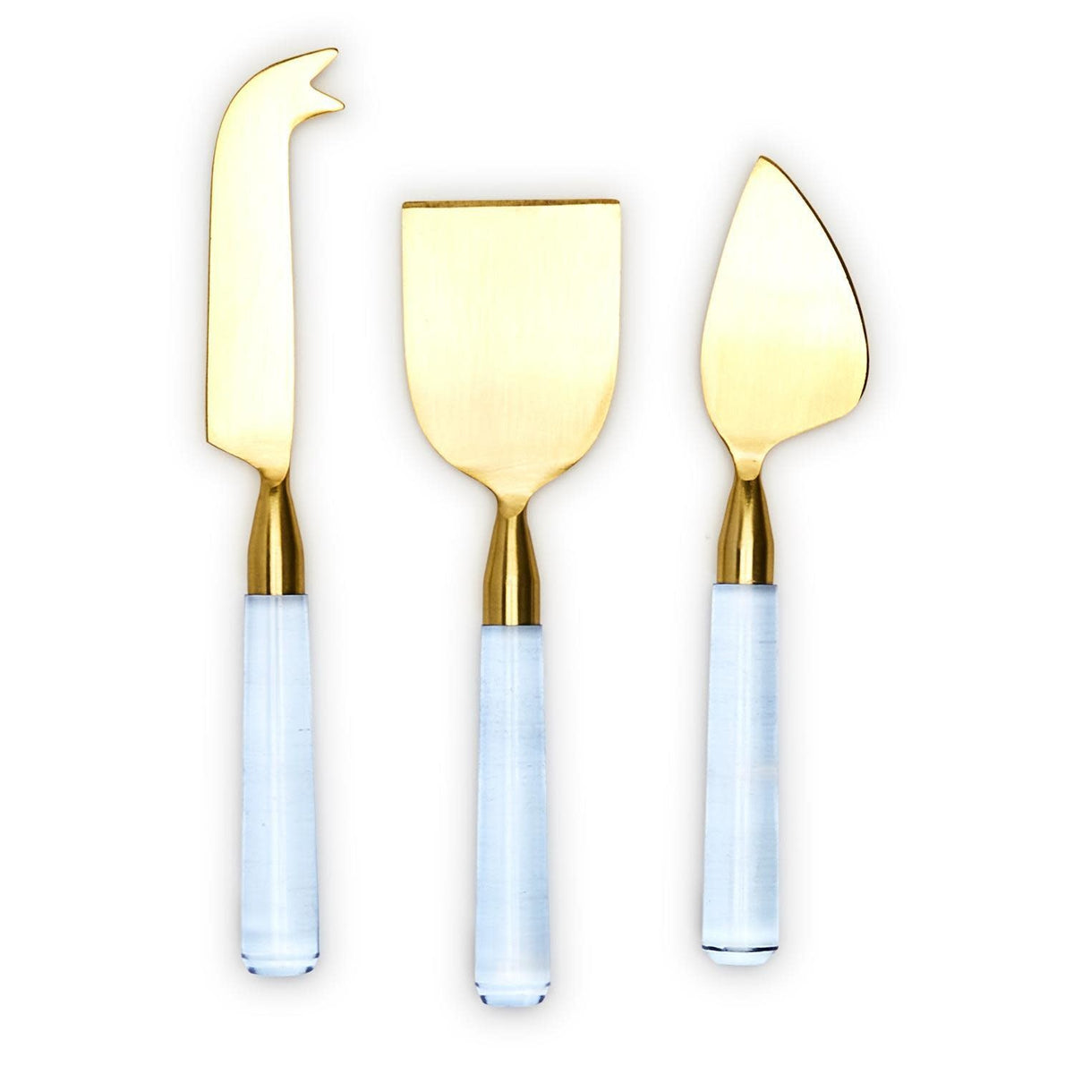 Set of three stainless steel cheese knives with blue acrylic handles in a gift box