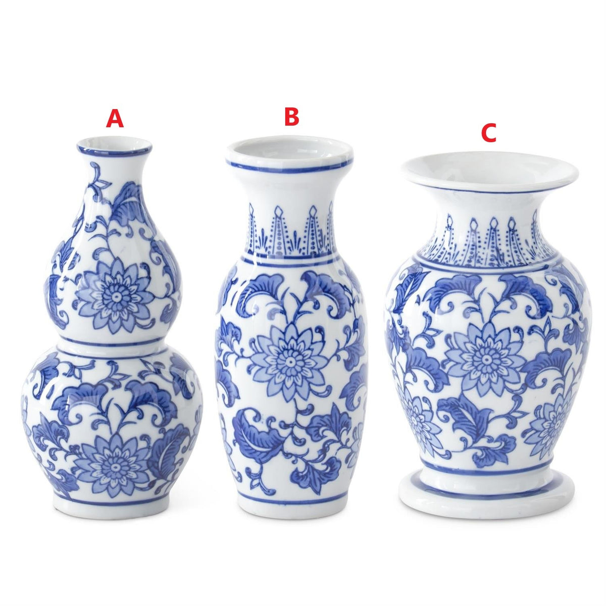 Blue and white ceramic bud vase with chinoiserie floral patterns.