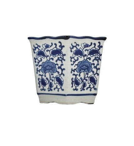 Blue and white floral ceramic hexagon pot with ruffled lip edge