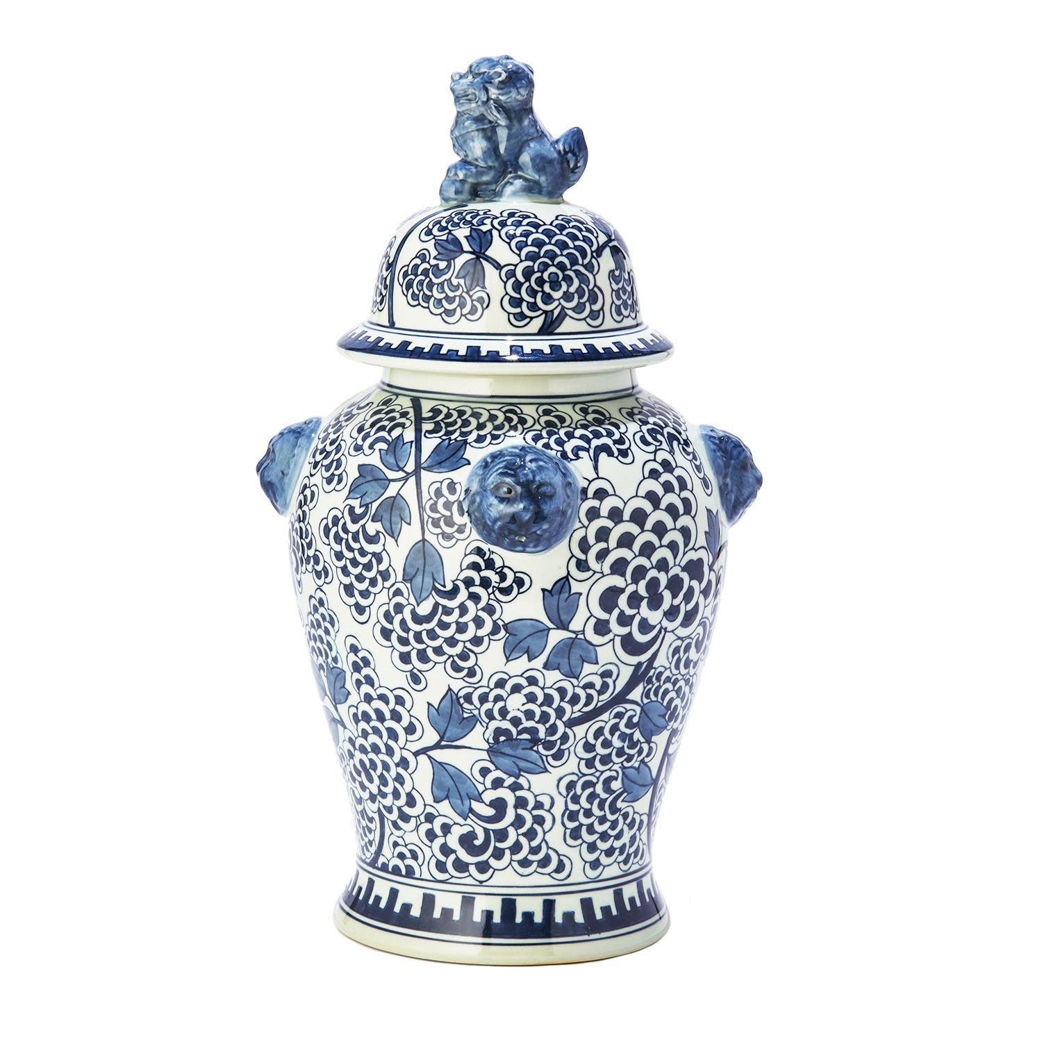 Blue and white porcelain temple jar featuring hand-painted peony flowers with traditional Chinese Ming dynasty design.