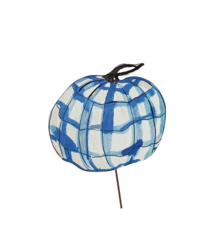 Blue and white checkered pumpkin stake with a classic fall silhouette.