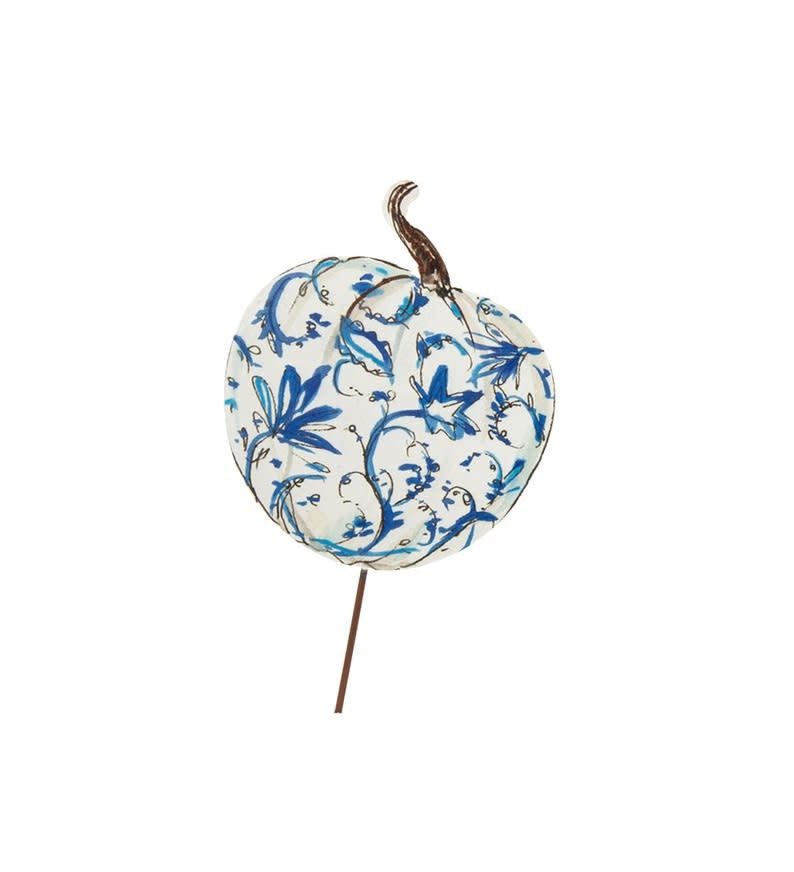 Blue and white ceramic pumpkin stake with a classic fall silhouette.