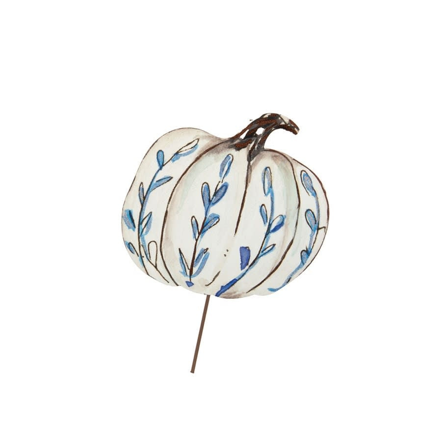 Blue and white pumpkin with leaf accents designed to stake, hang, or display on an easel.
