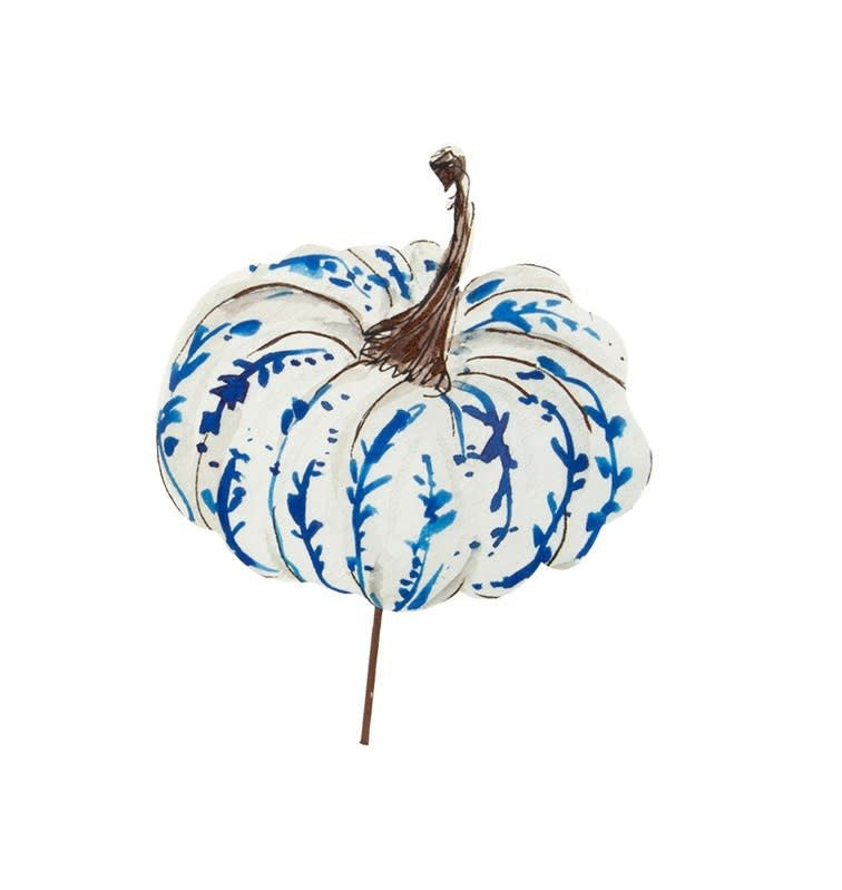 Blue and white pumpkin stake with spring leaves accent