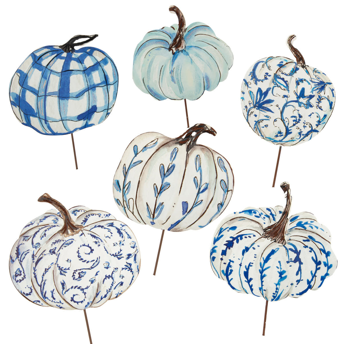 Blue and white pumpkin stake with a classic fall silhouette.