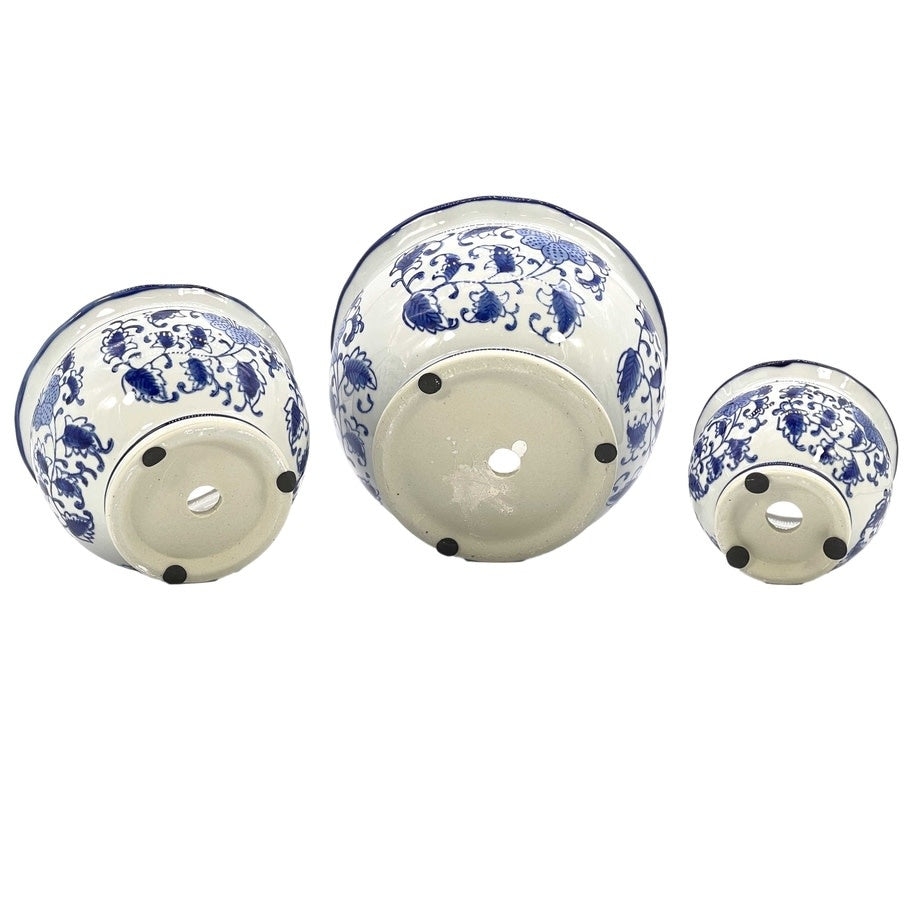 Blue and white floral ceramic pot with ruffled lip