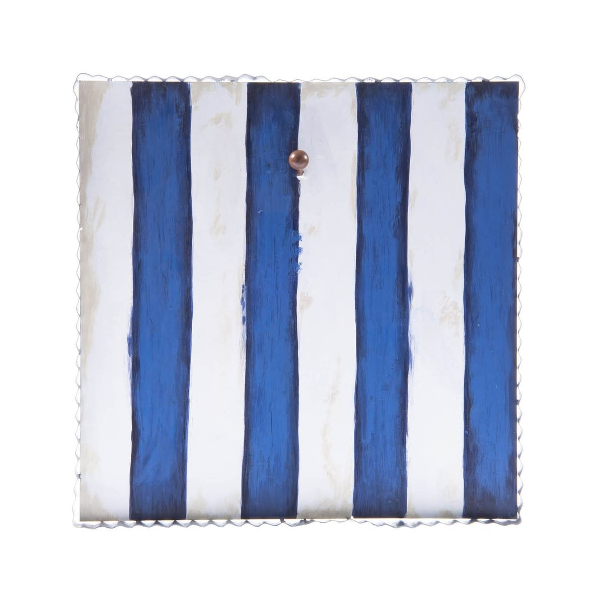 Metal mini gallery display board with blue and white vertical stripes.
