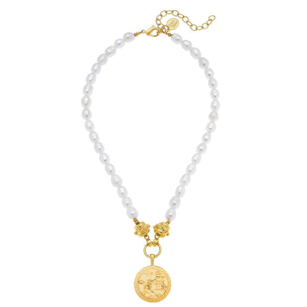 Blue Willow freshwater pearl necklace with triple-plated gold chain