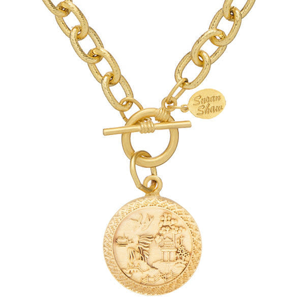 Blue willow pattern toggle necklace with triple-plated gold finish