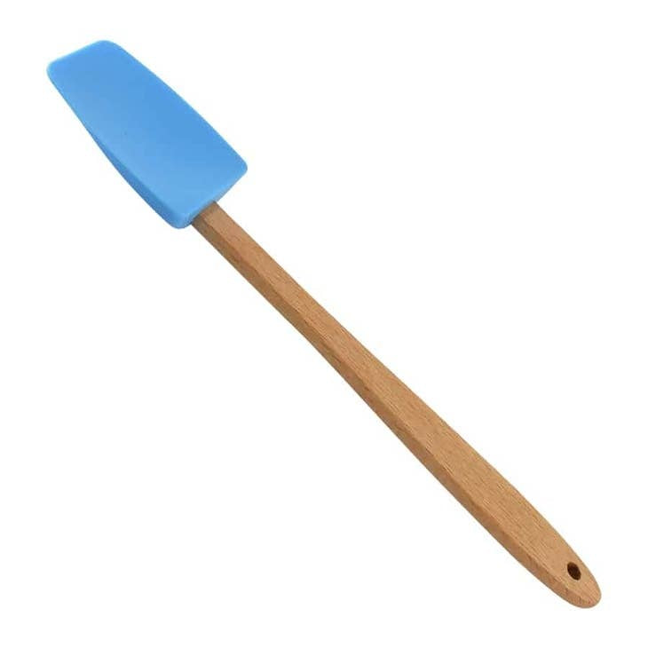 Blue silicone mini spatula with a compact handle designed for small spaces.