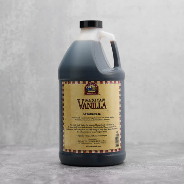 Bottle of Traditional Mexican Vanilla extract with a blue label.