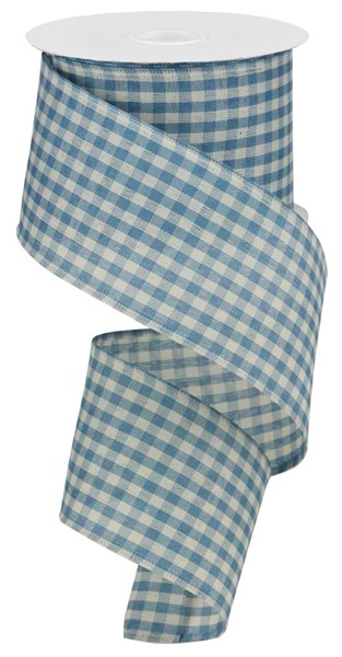 2.5-inch wide blue and ivory gingham check polyester ribbon on a spool.