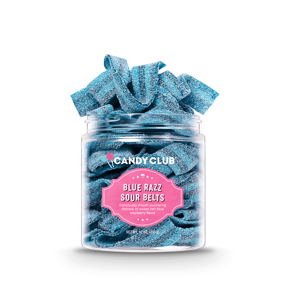 Blue Razz Sour Belts candy ribbons in a blue wrapper with red fruit imagery.