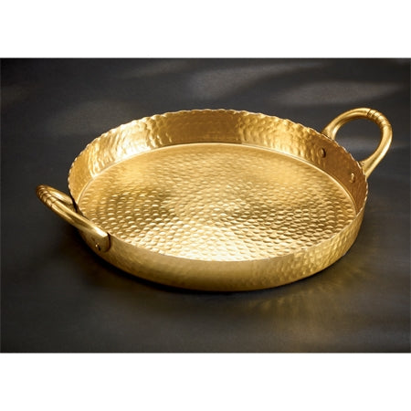 Square hammered metal tray with a gilded handle featuring intricate traditional Indian craftsmanship.