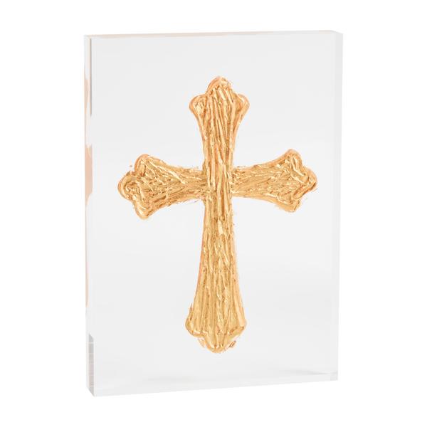 Hand-painted blue acrylic cross plaque with intricate white detailing on a small square silhouette.