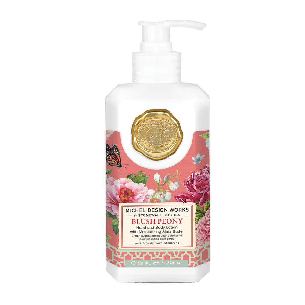 White bottle with blush peony label containing hand and body lotion.