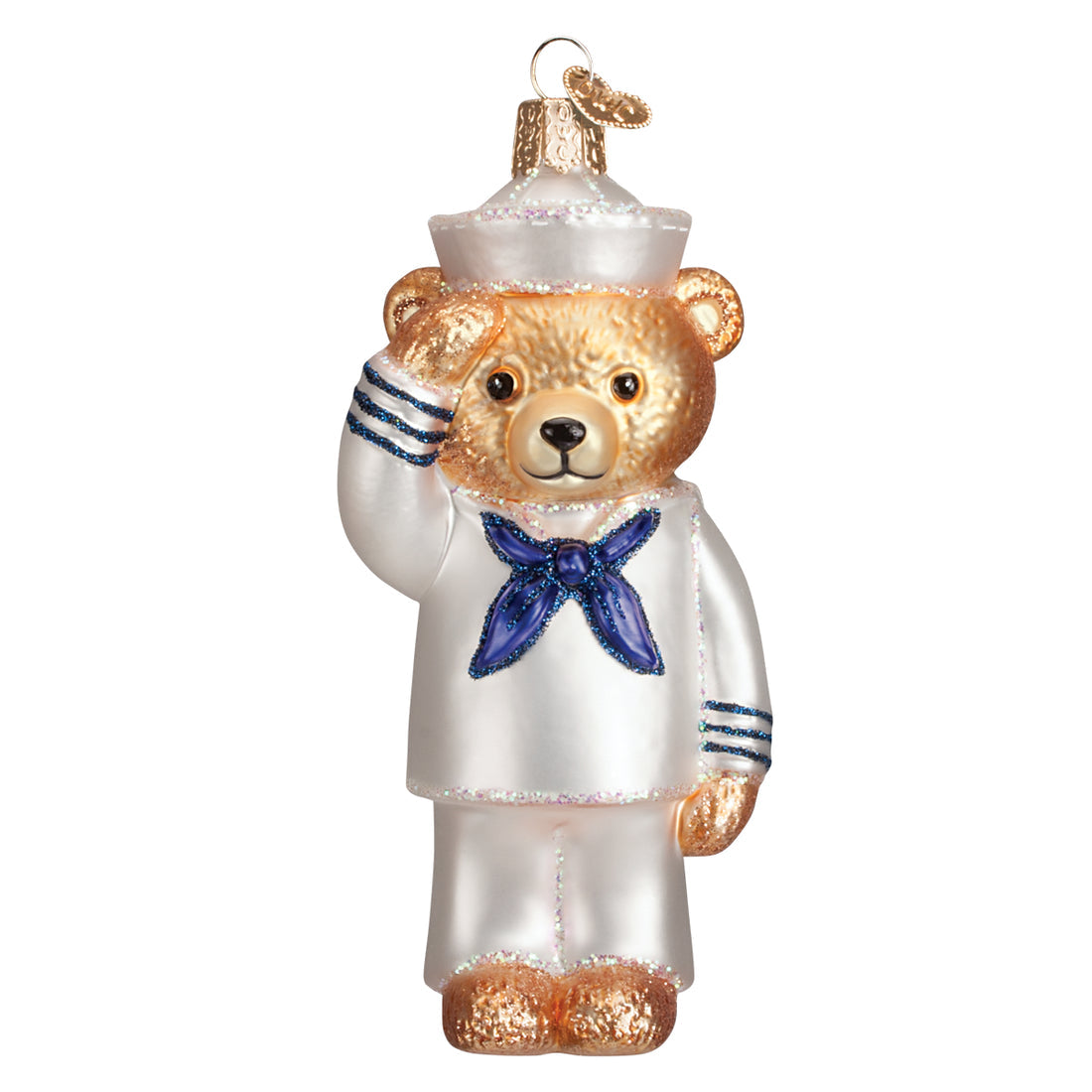 Glass Navy Bear ornament in a white sailor uniform saluting with a blue neckerchief.