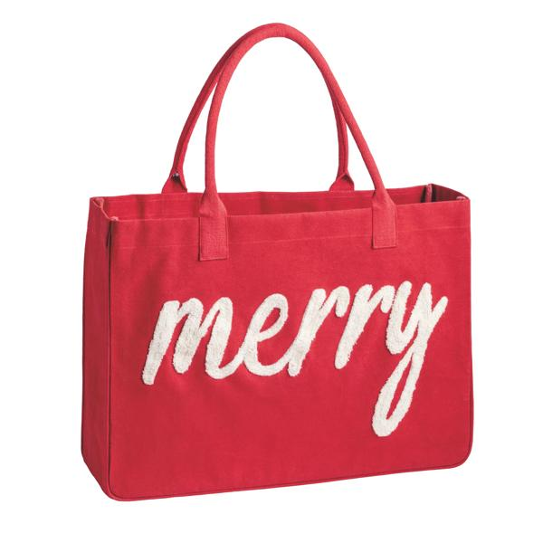 Red canvas tote bag with white textured bouclé yarn script reading "merry".