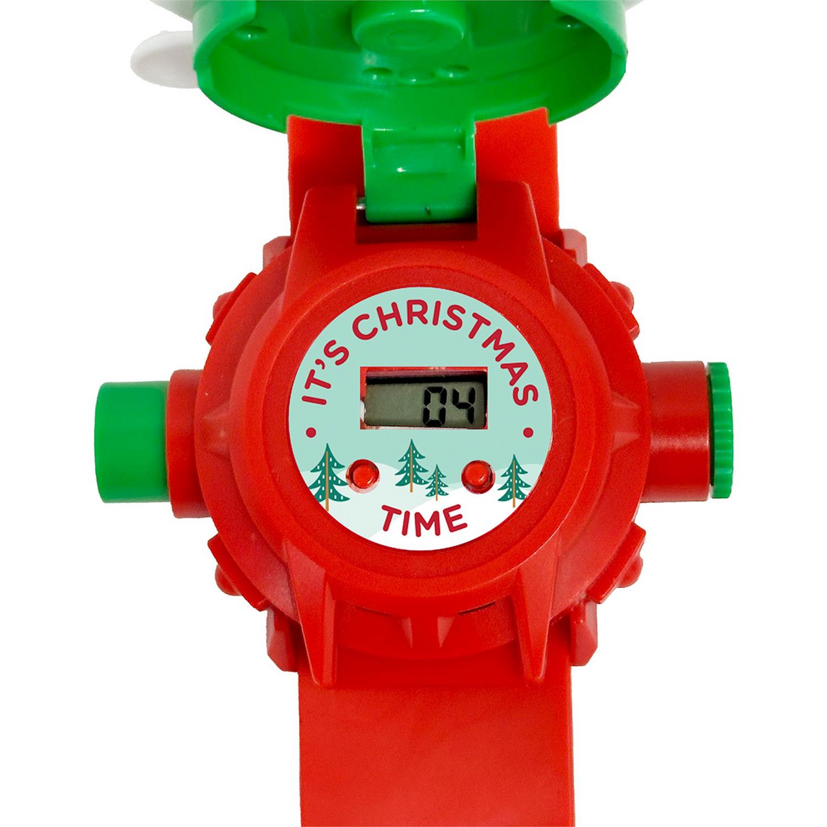 Close-up of a red Santa digital watch face with 'IT'S CHRISTMAS TIME' text and a projector button.