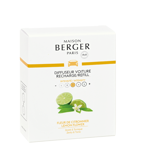 Maison Berger Paris Lemon Flower car diffuser refill with intensity indicator and lime illustration.