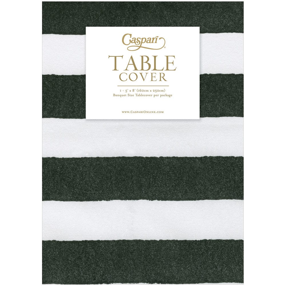 Black and white striped paper linen table cover with Caspari branding.