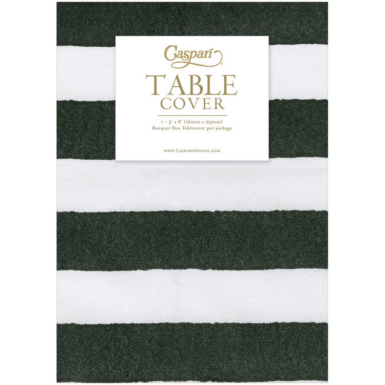 Black and white striped paper linen table cover with Caspari branding.