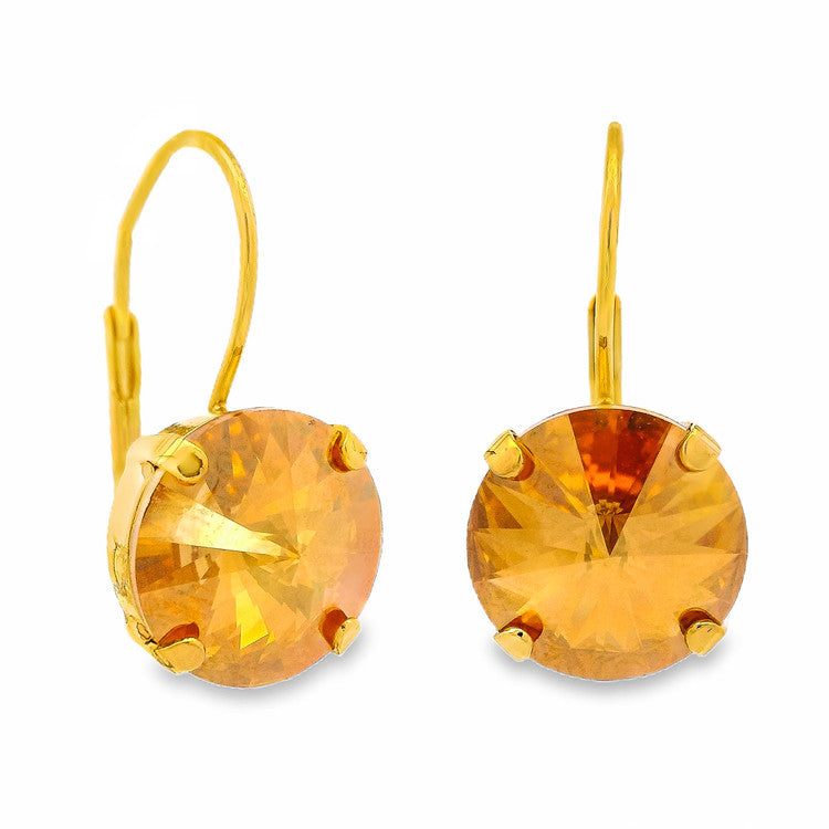 Antique gold round hoop earrings with high-quality crystals in Candy Crush color.