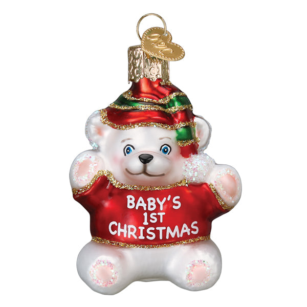 Glass polar bear ornament wearing a red sweater that says Baby's 1st Christmas.