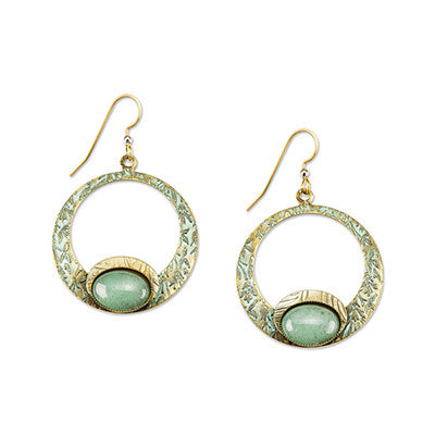 Open round dangle earrings with textured gold-tone metal and oval green aventurine stones.