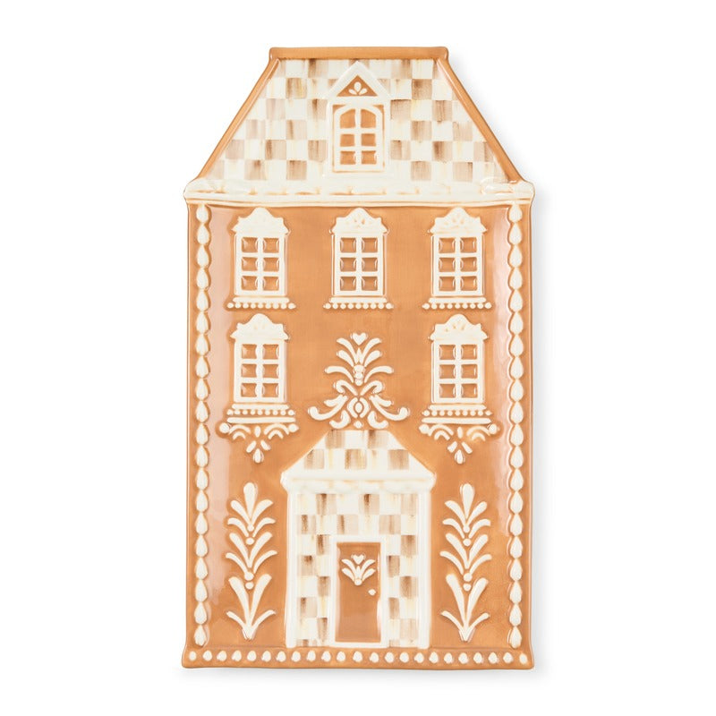 Mocha Check Gingerbread Serving Platter shaped like a house with white icing-style details.