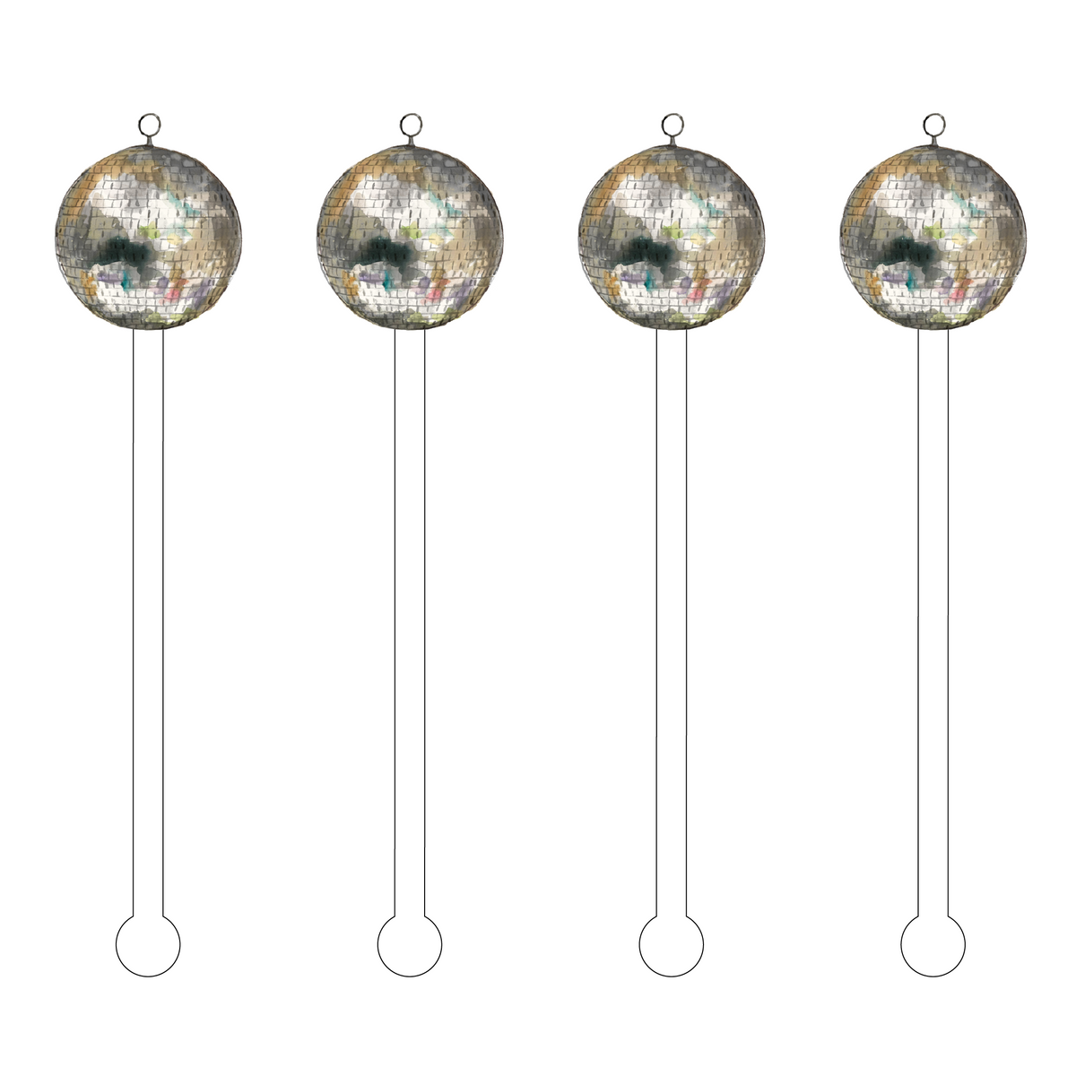 Set of four 6-inch reusable acrylic stir sticks topped with silver disco ball designs.