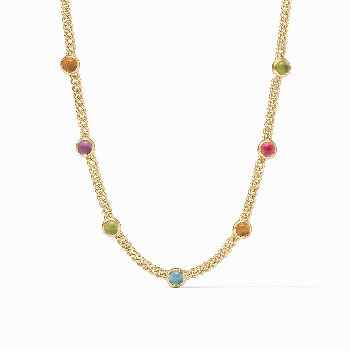 Adjustable gold-plated necklace with imported glass stations on a delicate chain.