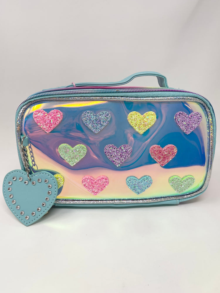 Colorful hearts makeup bag with a vibrant patchwork heart pattern.